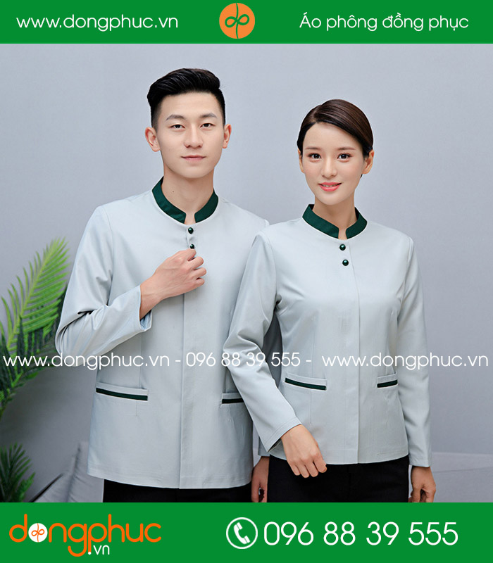 Đồng phục vệ sinh màu ghi sáng cổ xanh đậm